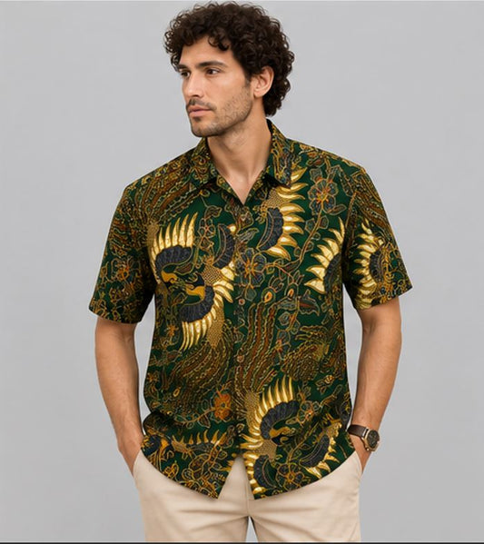 Bali Batik Men's Shirt Bird & Floral Motif 100% Cotton