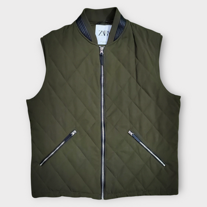 Zara Men Quilted Khaki Green Gilet Vest Zip Up Jacket