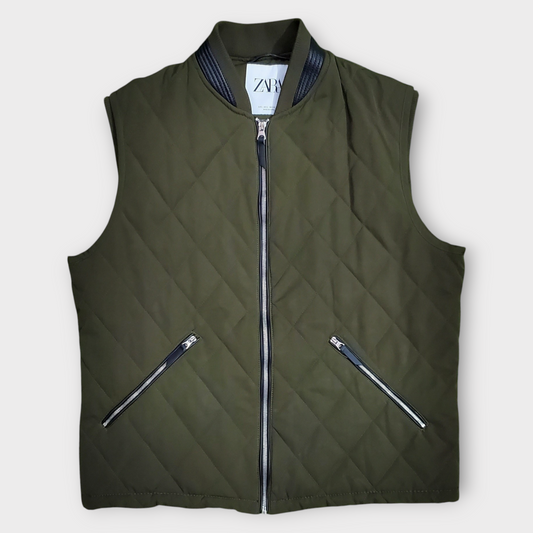 Zara Men Quilted Khaki Green Gilet Vest Zip Up Jacket