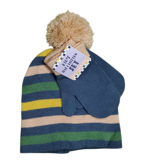 Striped Knit Hat and Mitten Set With a Pom-Pom