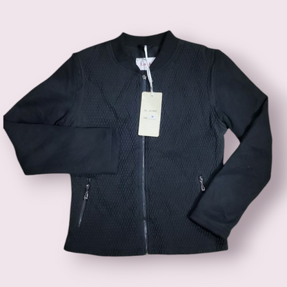 Women's bomber jacket with a textured diamond pattern and a full zip closure.