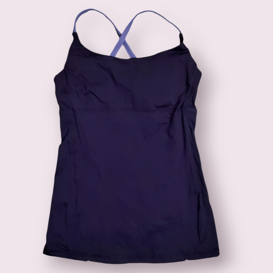Lululemon Women's tank top with a built-in bra and criss-cross straps in blue and black colors.