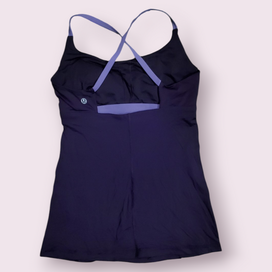 Lululemon Women's tank top with a built-in bra and criss-cross straps in blue and black colors.
