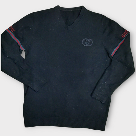 Gucci Wool V-Neck Sweater With Arm Stripes - Medium