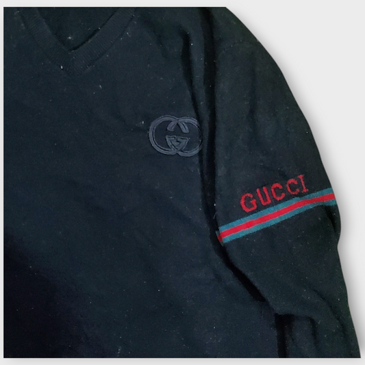 Gucci Wool V-Neck Sweater With Arm Stripes - Medium