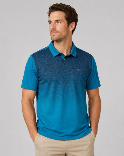 Greg Norman Men's Polo Shirt Iconic Shark Logo Blue Ombre Design