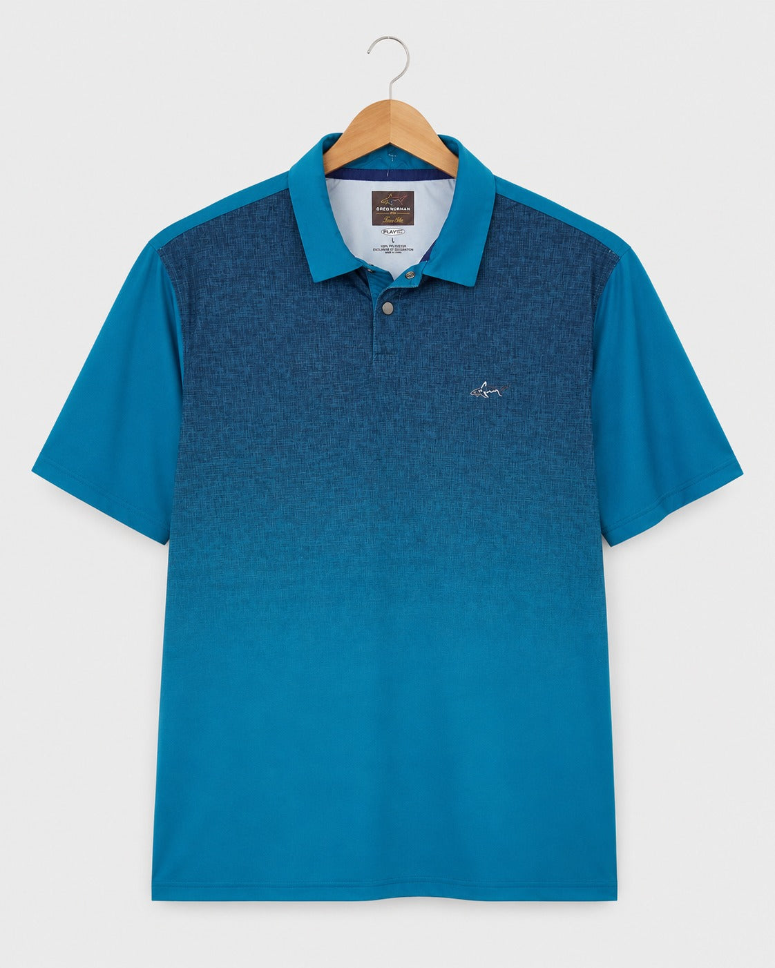 Greg Norman Men's Polo Shirt Iconic Shark Logo Blue Ombre Design