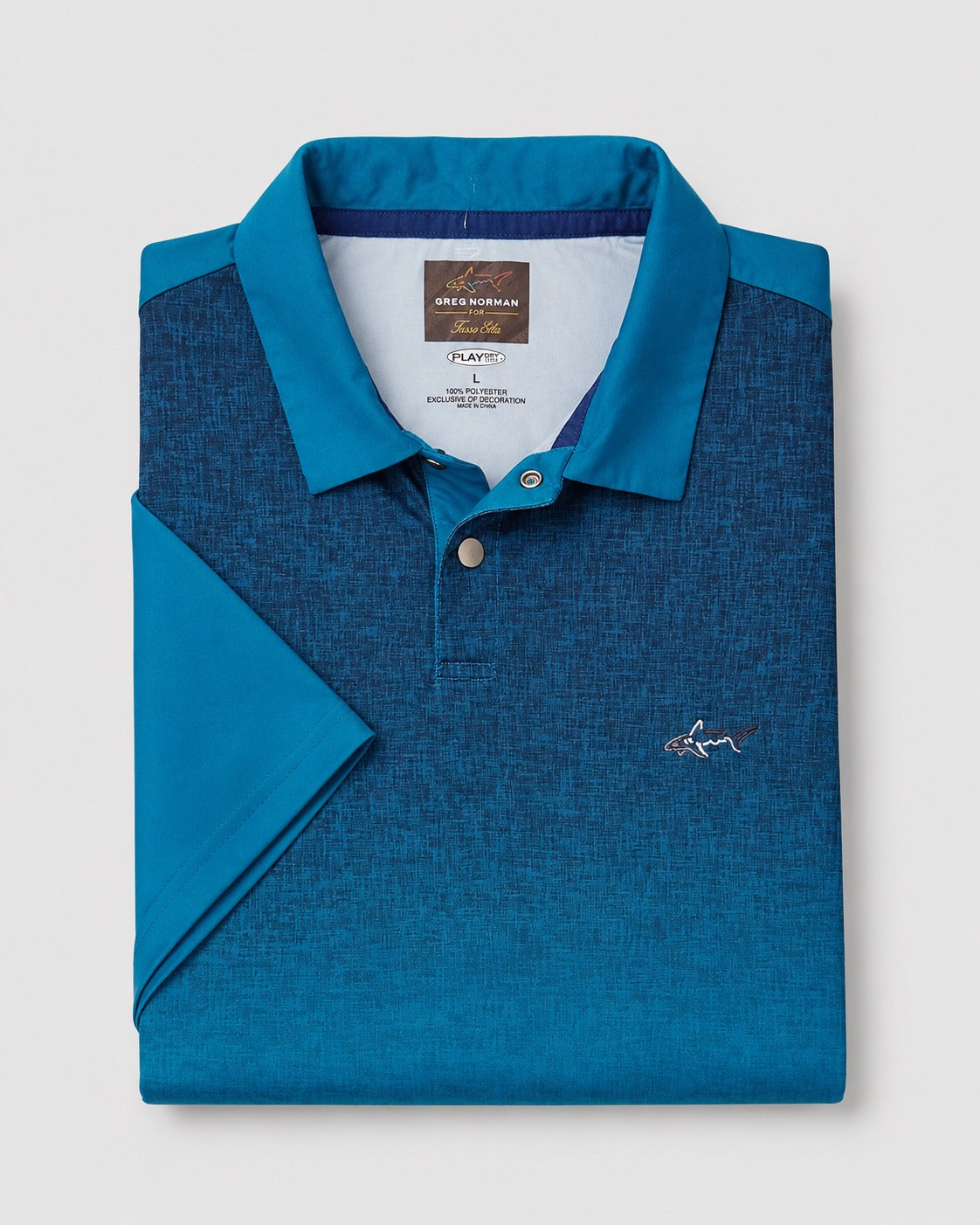 Greg Norman Men's Polo Shirt Iconic Shark Logo Blue Ombre Design