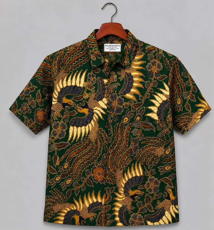 Bali Batik Men's Shirt Bird & Floral Motif 100% Cotton