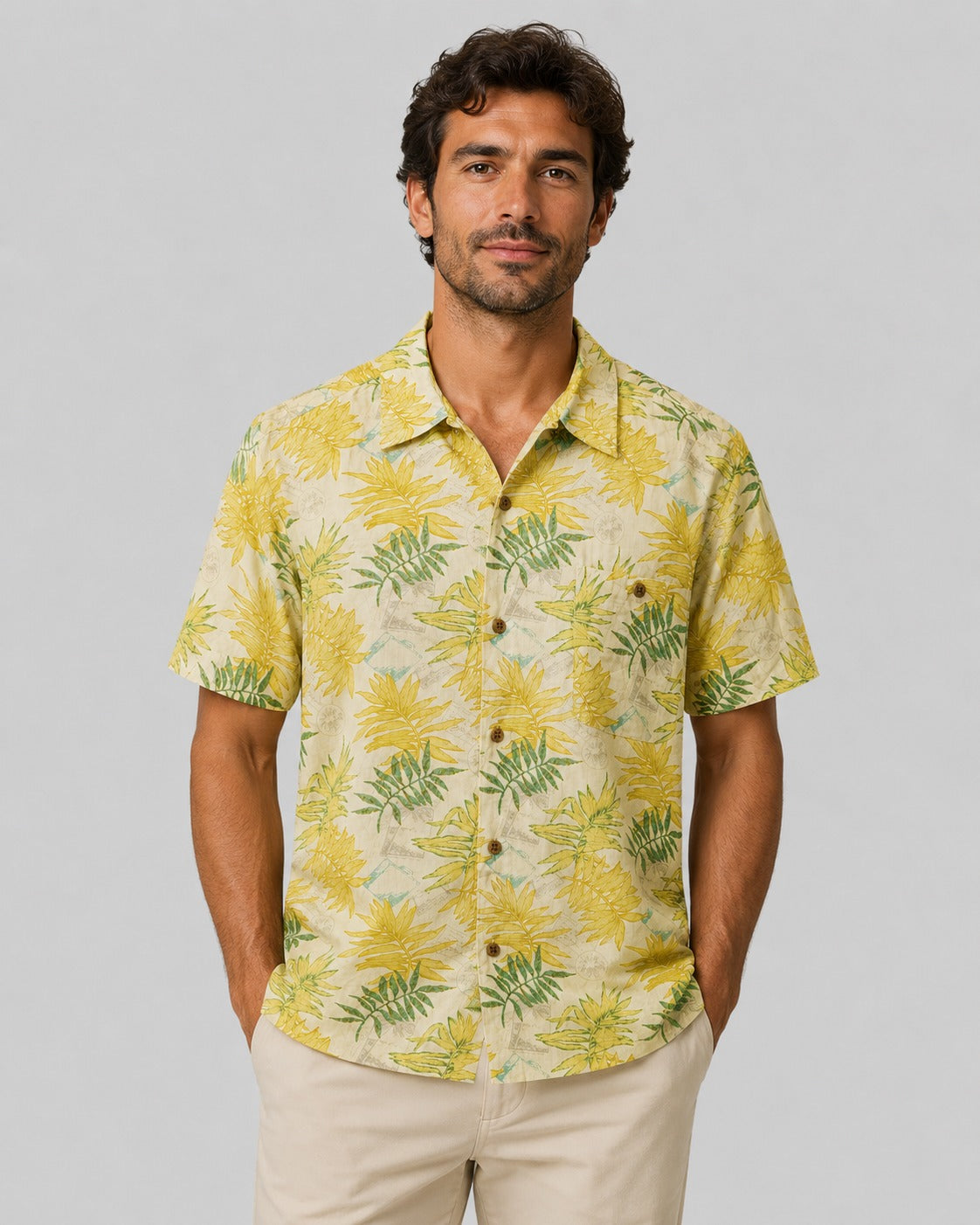 Visitor Hawaii Button Up Shirt Tropical Palm Leaf Print
