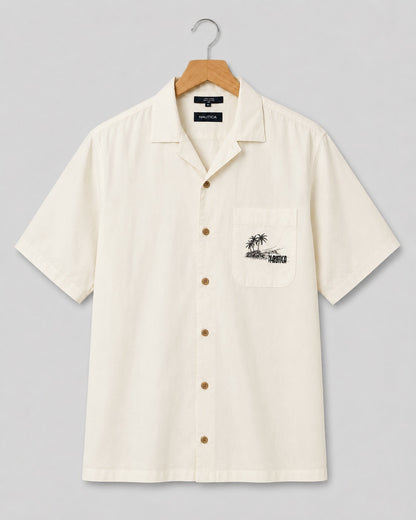 Nautica Men's White Resort Shirt Palm Tree Embroidered Graphic