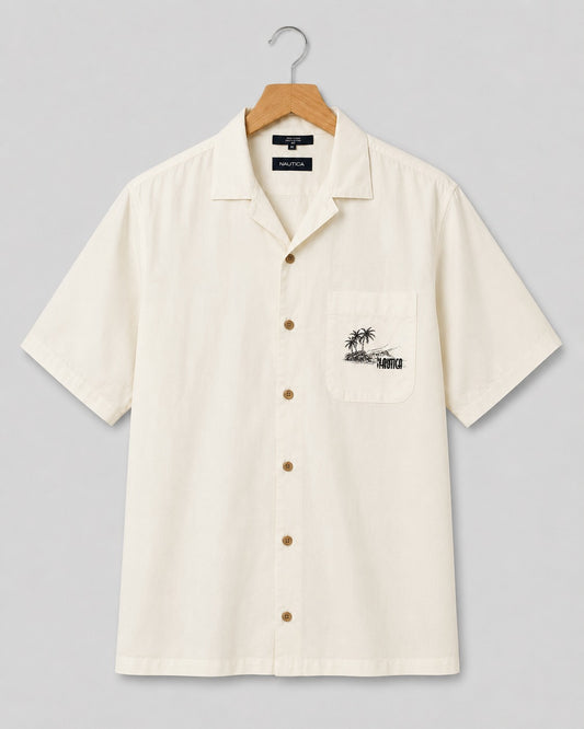 Nautica Men's White Resort Shirt Palm Tree Embroidered Graphic
