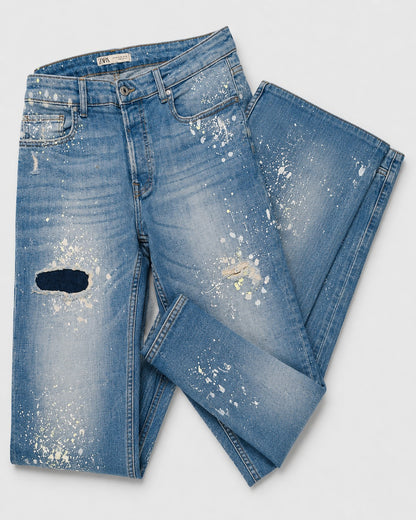 Zara Jeans Light Wash Prominent White and Yellow Splatters